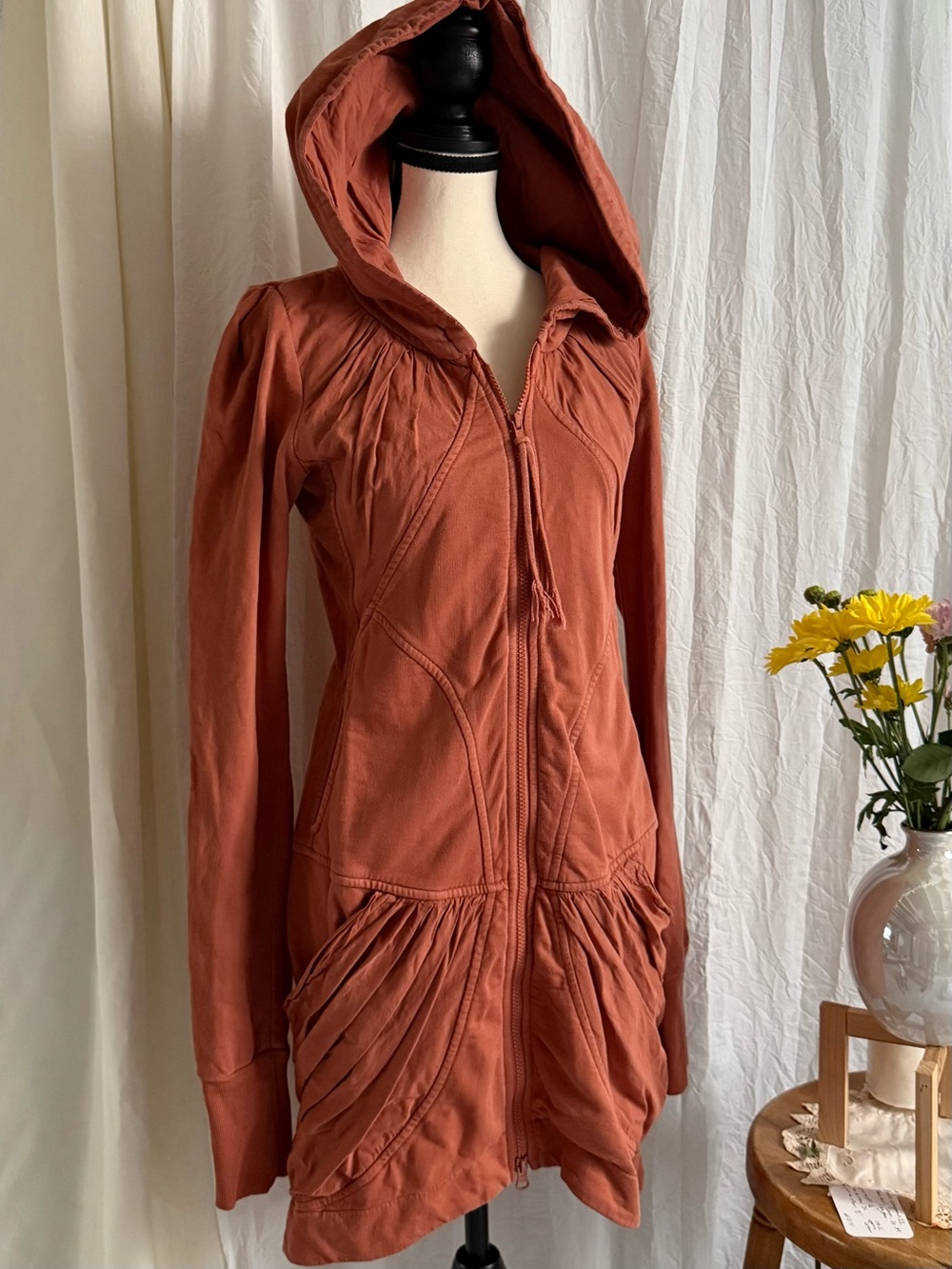 Prairie Underground Cloak Hoodie Small Terracotta Orange Organic Cotton Ruched